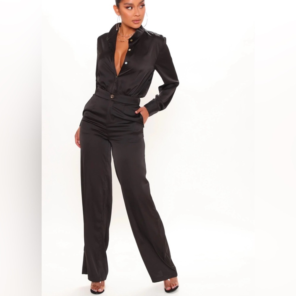 Shein Black Satin Pants and Button up